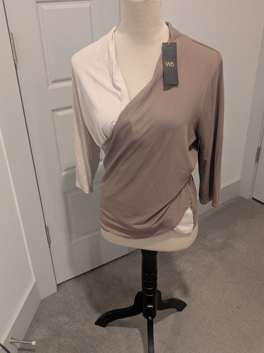 W5 Two-Tone Wrap-Style Women’s Top in Taupe and Cream
